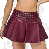 Buckle Belted High-Waisted Pleated Flare PU Faux Leather Short Goth Skirt for Women